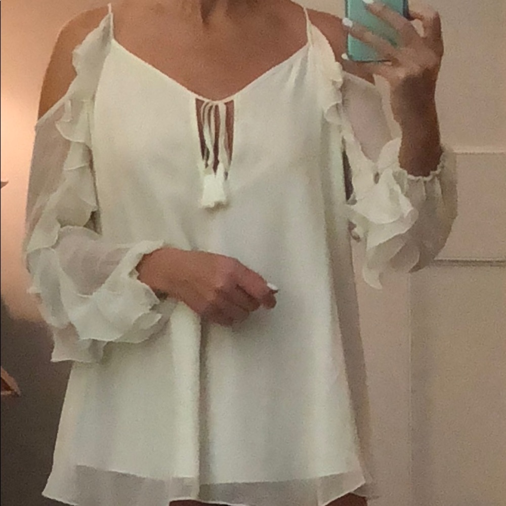 Beautiful Haute Hippie blouse- off-the-shoulder chiffon blouse, size M